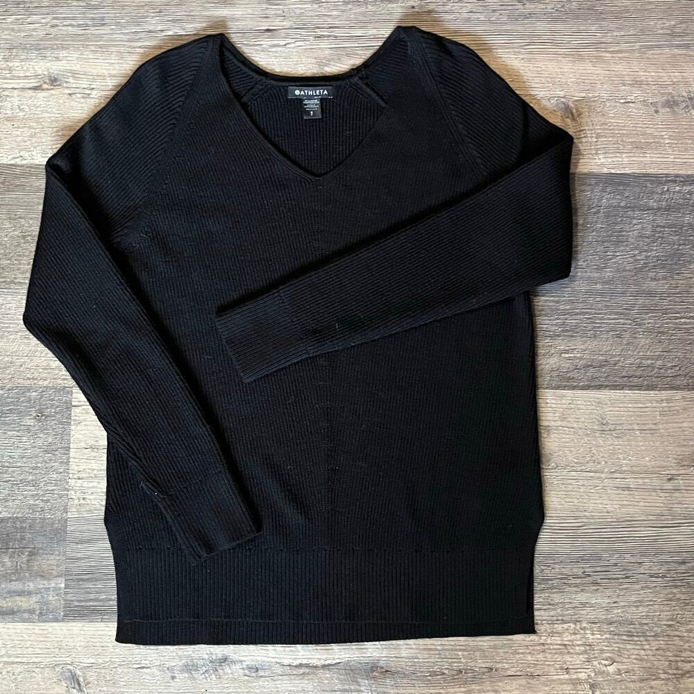 Athleta Women's SP Black Merino Wool Blend V Neck Sweater Long Sleeve
